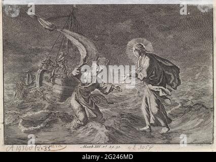 Christus läuft während eines Sturms auf dem Galiläischen See über das Wasser. Stockfoto