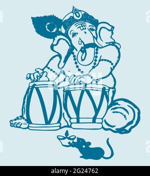 Zeichnung oder Skizze von Lord Ganesha, der Tabla-Trommeln spielt, isoliert auf einem hellen Hintergrund Stockfoto