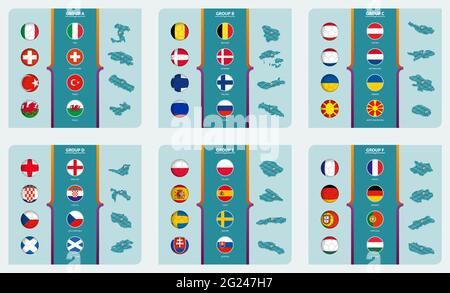 Flaggen und isometrische Karte mit Fußballfeld von Europa 2020 Fußballwettbewerb sortiert nach Gruppe. Vector Kollektion. Stock Vektor