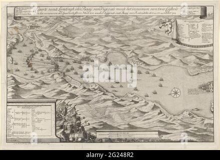 Seeschlacht in der Bucht von Vigo und die Eroberung der spanischen Silberflotte, 1702; Caarte Vande Landingh in der Baay von Vigos als Maß für zwei Kastelle und die Abschaffung der Spaansche Silvre Flotte zehn Ancker in Baay für Redondella den 23. Und 24. Oktober 1702. Seeschlachtenkarte in der Bucht von Vigo, wo die französische und die spanische Flotte mit der französischen und der spanischen Flotte am 23. Oktober 1702 von der kombinierten englisch-niederländischen Flotte berichtet werden. Oben rechts eine Draperie mit einer Liste der eroberten und verbrannten französischen Schiffe; unten links die Ordnung der englischen und niederländischen Schiffe. Stockfoto