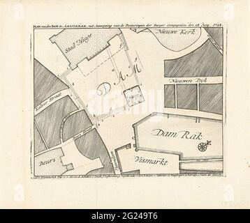 Karte des Dam-Platzes mit den Positionen der Schützen, 28. Juni 1748; Plan Van Den Dam in Amsterdam, mit der Promotion der Plakate der Burger Compagnien, den 28. Juni. 1748. Karte des Staudamms in Amsterdam und Umgebung mit den Positionen der Schützen der Firmen, die den Befehl am 28. Juni 1748 während der Hinrichtungen von zwei Teilnehmern des Mieters rosis am 28. Juni 1748 aufrechterhalten mussten. Unter der Legende A-l. Stockfoto