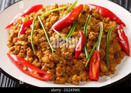 Südliches thailändisches Khua Kling Schweinefleisch-Kurry aus nächster Nähe auf dem Teller auf dem Tisch. Horizontal Stockfoto