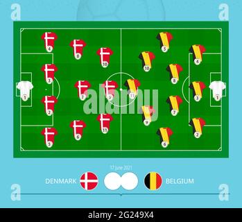 Fußballspiel Dänemark gegen Belgien, Teams bevorzugten Lineup-System auf dem Fußballfeld. Vektorgrafik. Stock Vektor