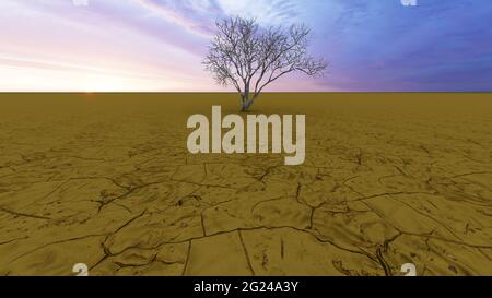 Konzept oder konzeptuelle Wüstenlandschaft mit einem ausgetrocknten Baum als Metapher für globale Erwärmung und Klimawandel. Eine Warnung für die Notwendigkeit, unsere zu schützen Stockfoto
