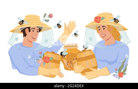 Imker Mann und Frau bieten ihre Honigprodukte, flache Vektor-Illustration isoliert. Stock Vektor