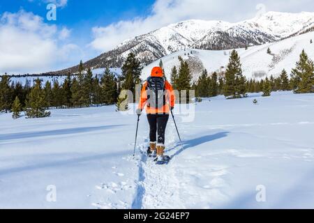 USA, Idaho, Sun Valley, Frau Schneeschuhwandern in den Bergen Stockfoto