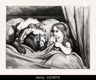 Zeichnung des Rotkäppchen und des großen bösen Wolfes von Gustave Doré aus dem Jahr 1862 zur Illustration einer Neuauflage der Werke Charles Perraults Stockfoto