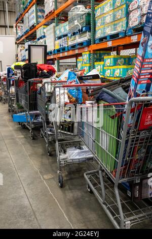 Shopping Carts gefüllt mit ausgewählten Produkten, die auf die Lieferung warten, Costco Warehouse Store, MA, USA Stockfoto