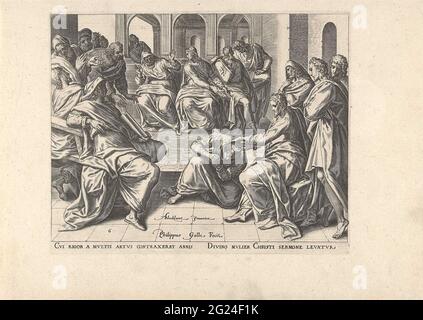 Christus heilt eine verkrüppelte Frau; sechs Szenen mit Christus und Frauen aus den Evangelien. Christus lehrt in der Synagoge. Er heilt eine Frau, die seit Jahren gekrümmt ist und nicht mehr aufstehen kann. Christus sitzt auf einem Stuhl, die Frau kniet für ihn. Er hält seine Hände auf ihren Kopf. Stockfoto