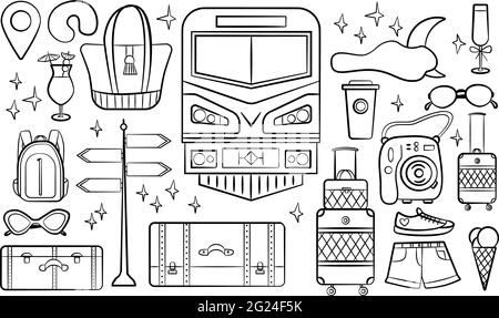 Set von Doodle Reise Design-Elemente. Handgezeichnete Urlaubs- und Reisedoodles perfekt für Sommer-Zugfahrten Flyer und Poster. Stock Vektor