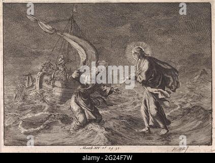 Christus läuft während eines Sturms auf dem Galiläischen See über das Wasser. Stockfoto