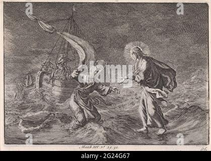Christus läuft während eines Sturms auf dem Galiläischen See über das Wasser. Stockfoto