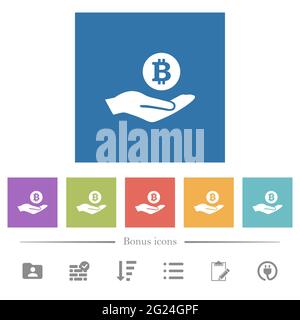 Bitcoin-Gewinne flache weiße Symbole in quadratischen Hintergründen. 6 Bonus-Symbole enthalten. Stock Vektor