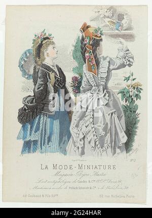 La Mode-Miniature, 1872, Nr. 2: Lait Antephézentrum (...). Zwei Frauen, von denen eine auf dem Rücken zu sehen ist, sind an einer Taube. Unter der Show einige Regeln Werbung Text für verschiedene Produkte. Drucken aus dem La Mode Miniature Mode Magazin (1872-1873). Der Druck ist eine reduzierte Ausgabe von Nr. 1044B aus dem Modemagazin Le Moniteur des Ladens et des demoiselles. Stockfoto