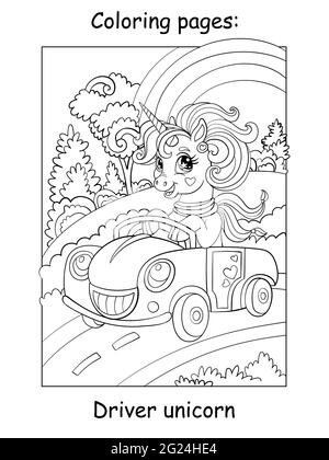 Nettes Einhorn mit einem Schal fahren ein Auto. Zum ausmalen für Kinder. Vektor-Cartoon-Illustration isoliert auf weißem Hintergrund. Für Malbuch, e Stock Vektor