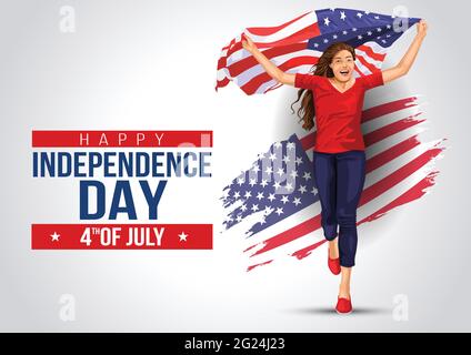 Vorderansicht. Mädchen mit amerikanischer Flagge läuft in hellem Hintergrund. Unabhängigkeitstag der USA 4. Juli. Alles gute zum Unabhängigkeitstag. Stock Vektor