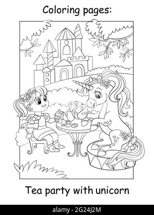 Süße Prinzessin und Einhorn trinken Tee mit Süßigkeiten. Zum ausmalen für Kinder. Vektor-Cartoon-Illustration isoliert auf weißem Hintergrund. Für colori Stock Vektor