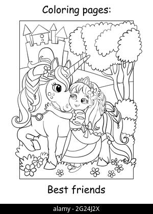 Süße Prinzessin kuschelt mit einem Einhorn. Zum ausmalen für Kinder. Vektor-Cartoon-Illustration isoliert auf weißem Hintergrund. Für das Malbuch, ed Stock Vektor