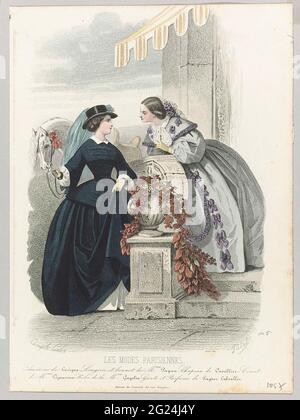 Les Modes Parisiennes, 1856, Nr. 760: Amazon de Lavign (...). Eine Frau mit einem Pferd am Zügel spricht mit einer Frau auf einer Plattform. Nach der Bildunterschrift: Amazonaskostüm (Rijkostuum) aus Lavigne. Nachfolgend einige Regeln für Werbetexte für verschiedene Produkte. Druck aus dem Modemagazin Les Modes Parisiennes (1843-1885). Stockfoto