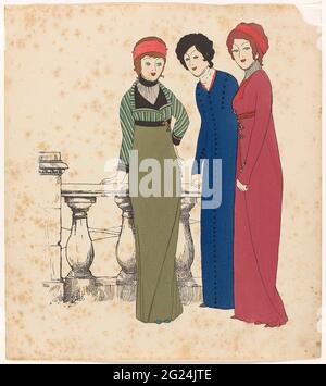 Les Robes de Paul Poiret Racontée par Paul Iribe (die Kleider von Paul Poiret von Paul Iribe). Paul Poiret löste mit den Farben, der Verzierung und den klaren Linien seiner Kleider eine Revolution aus, die kein Korsett darunter erforderte. Als er erkannte, dass seine neuen Entwürfe einen neuen Präsentationsstil forderten, engagierte er den jungen Künstler Paul Iribe, ein Werbealbum zu erstellen. Mit seiner schlichten, stromliniförmigen Ästhetik hat Iribe wiederum eine Revolution in der Welt der Mode-Illustration ausgelöst. Stockfoto