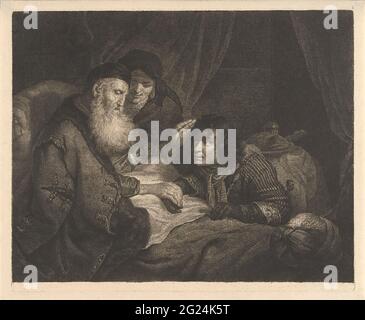 Isaac segne Jacob. Der alte Isaak liegt im Bett und segnet den geknieten Jakob. Die Niederschlagung ist Rebekah. Stockfoto