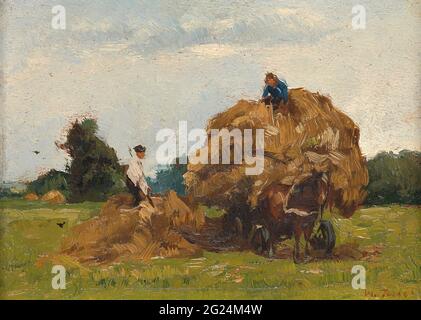 Hay Wagon. Zwei Bauern stapeln Heu auf einem Heuwagen auf dem Feld. Stockfoto