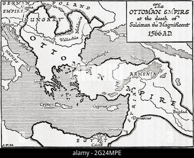 Karte mit dem Osmanischen Reich nach dem Tod von Suleiman dem Magnificent, 1566. Aus EINER kurzen Geschichte der Welt, veröffentlicht um 1936 Stockfoto