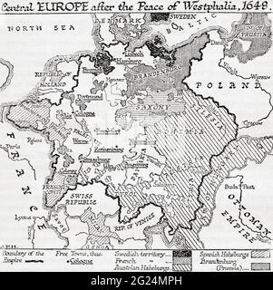 Karte von Mitteleuropa nach dem Westfälischen Frieden, 1648. Aus EINER kurzen Geschichte der Welt, veröffentlicht um 1936 Stockfoto