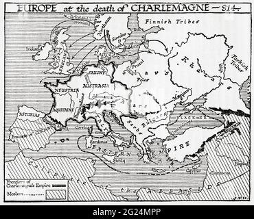 Karte von Europa beim Tod Karls des Großen, 814 n. Chr. Aus EINER kurzen Geschichte der Welt, veröffentlicht um 1936 Stockfoto