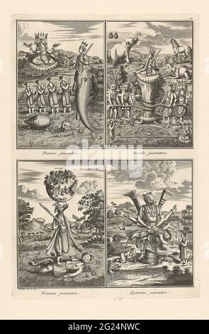 Aufführungen der Inkarnationen des indischen Gottes Vishnu. Blatt mit vier Darbietungen von Inkarnationen aus dem Hinduismus. Der indische Gott Vishnu kommt zehnmal auf die Erde, in zehn verschiedenen Formen, um die Welt zu retten. Die erste bis vierte Inkarnation wurde hier vorgestellt, Matsya, Koerma, Varaha und Narasimha. Unter jeder Aufführung eine Bildunterschrift auf Französisch. Oben rechts nummeriert: 101. Stockfoto
