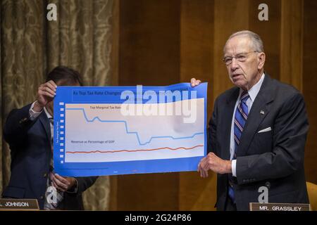 Washington, Usa. Juni 2021. Senator Chuck Grassley, R-Iowa, befragt den amtierenden Direktor des Office of Management and Budget Shalanda Young während einer Anhörung des Senats im US-Kapitol in Washington DC am Dienstag, den 8. Juni 2021. Poolfoto von Shawn Thew/UPI Credit: UPI/Alamy Live News Stockfoto