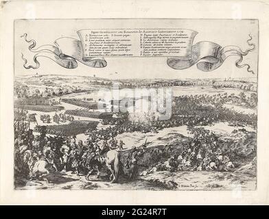 Schlacht von Gembloers, 1578; Pugna Gemblacensis Seu Bouenesis io. Austriaco Gubernatore 1578. Schlacht bei Gemsbloers, 31. Januar 1578. Schlacht, in der die Staatsarmee von der Armee von farnese besiegt wird. In der Ferne die Städte Namen und gembloux. An der Spitze einer Banderole mit dem Titel und der Legende A-P in Latein. Stockfoto