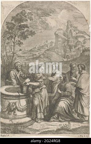 Christus und die samaritische Frau. Christus sitzt und der Finger wird erhoben und spricht mit der samaritanischen Frau mit einem Eimer in ihren Händen an der Quelle Jakobs. Um sie herum ein paar Schüler und eine Stadt im Hintergrund. John. 4: 1-30. Stockfoto