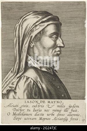 Porträt von giasone del maino; Iason de Mayno; Porträts berühmter Gelehrter; Imagins L. Doctorum Virorum. Porträt des italienischen Rechtsanwalts giasone del maino. Im Profil rechts. Der Druck hat eine lateinische Beschriftung und ist Teil einer Reihe berühmter Gelehrter Stockfoto