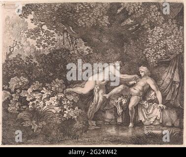 Salmacis und Hermaphroditus. Salmacis präsentiert sich dem Hermaphroditus, der versucht, sie abzuwehren. Sie befinden sich am Rande eines Waldsees. Szene aus Ovid 'Metamorphosen (mit. II, 341-357). Stockfoto
