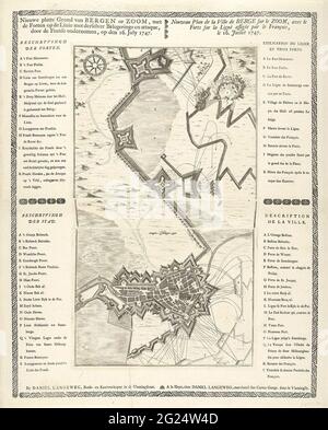 Anlegekarte von Bergen op Zoom, 1747; Neues ebenes Gelände von Bergen op Zoom, mit den Festungen auf der Linie mit Derselver Belagerung und Attaque, aufgenommen von den Franzosen, am 16. Juli 1747 / Nouveau Plan de la Ville de Berge sur Le Zoom (...). Karte der Belagerung von Bergen op Zoom durch die Franzosen, begann am 12. Juli 1747. Aus drei Tellern bedruckte Karte mit den Legenden in Niederländisch und Französisch auf beiden Seiten, das ganze in einem dekorativen Rand. Stockfoto