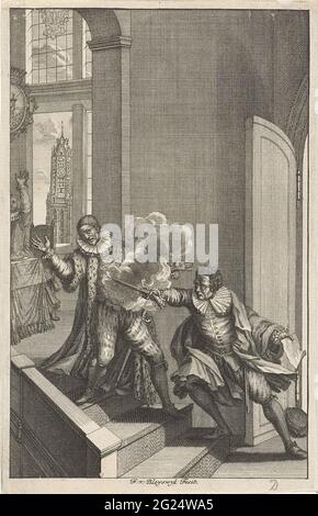 Mord an Willem van Oranje, 1584. Der Prinz von Oranien in Delft, ermordet von Balthasar Gerards, 10. Juli 1584. Willem van Oranje wird von Balthasar Gerards auf einer Treppe an der offenen Tür geschossen. Aufgrund der Aussicht auf den Turm der neuen Kirche. Stockfoto