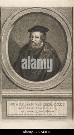 Portrait von Adriaan van der Goes; Mr. Adriaan van der Goes. Die Büste links von Adriaan van der geht in ein Oval. Das Porträt ruht auf einem Sockel, auf dem sein Name und seine Daten in drei holländischen Regeln stehen. Stockfoto