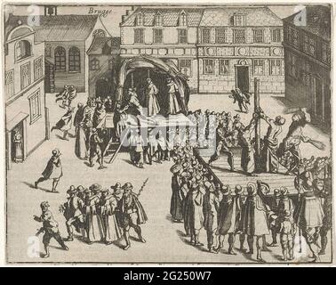 Brügger Mönche auf dem Scheiterhaufen, 1578. Geißelung und Hinrichtung der Franziskanermönche in Brügge wegen Sodomie, 26. Juli 1578. Rechts die Auspeitschung, links die Mönche auf dem Scheiterhaufen. Auf der Rückseite mit Text in Niederländisch gedruckt. Stockfoto