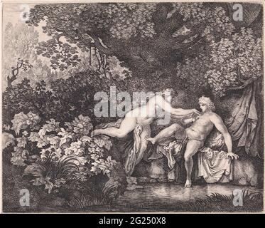 Salamacis und Hermaphroditus. Salmacis präsentiert sich dem Hermaphroditus, der versucht, sie abzuwehren. Sie befinden sich am Rande eines Waldsees. Szene aus Ovid 'Metamorphosen (mit. II, 341-357). Stockfoto