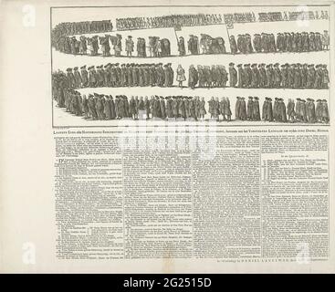 Trauerzug von Willem IV. (Linkes Blatt), 1752; Letzte Ehrungen oder historische Beschreibung und leicht repräsentativ für die feierliche Friedhofszeremonie, nachgewiesen an die Vorstelyke-Leiche von Wylen Dol. Hoogh. [Willem Carel Hendrik Frizo, Prinz von Oranien und Nassau, etc. Etc. Etc. ERF-Stadholder von VII. United Nederlandse Provincien, Glorieuser Business. Die Trauerprozession mit Leichenwagen und Sarg des Stadthalters Willem IV., Beerdigung in Delft am 4. Februar 1752. Leer Hälfte einer großen Show auf zwei Blättern. Auf dem Blatt unter der Platte in der Legende die ausführliche Erklärung der Abbildungen 1-56. Stockfoto