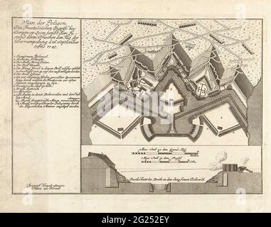 Karte und Ausschnitt der Festung Bergen op Zoom, 1747; Plan des Poligon des Frantzösischen Angiffs Bey Bergen-op-Zoom, Sambt dem Zuflenkeren Breschen den Tag der UberrumpPelung d. 16. September Ano 1747. Karte und Abschnitt der Festung Bergen op Zoom, mit den brons, die von den Franzosen am Tag der Eroberung, dem 16. September 1747, geschossen wurden. Stockfoto