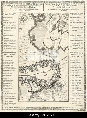 Anlegekarte von Bergen op Zoom, 1747; Neues ebenes Gelände von Bergen op Zoom, mit den Festungen auf der Linie mit Derselver Belagerung und Attaque der French, Zeden den den 16. Juli 1747 / Nouveau Plan de la Ville de Berge sur Le Zoom (...). Karte der Belagerung von Bergen op Zoom durch die Franzosen, begonnen am 12. Juli 1747. Karte aus zwei Tellern mit den Legenden in Niederländisch und Französisch auf beiden Seiten gedruckt, das ganze in einem dekorativen Rand. Stockfoto