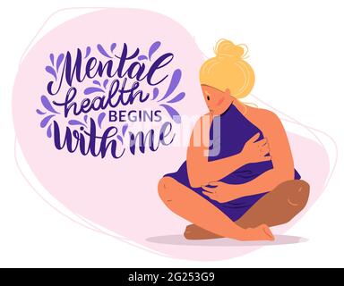 Konzept der psychischen Gesundheit. Traurige Frau mit Depressionen auf dem Boden sitzend. Bunte Vektor-Illustration in flachen Cartoon-Stil.. Stock Vektor
