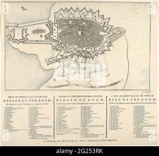 Anlegekarte von Bergen op Zoom, 1747; Neuer und aufrichtiger Plan der Stadt Bergen-op-ten-Zoom, mit Derselver Accurate Fortifatien und Atttaque der Fransen / Nouveau et Veritable Plan De La Ville De Bergen op Zoom (...) / ein neuer und richtiger Plan der Stadt oder Berg-auf-den-Zoom (...). Anlegekarte von Bergen op Zoom durch die Franzosen, Juli-September 1747. Auf dem Blatt unter der Platte die Legenden in Niederländisch, Französisch und Englisch. Stockfoto