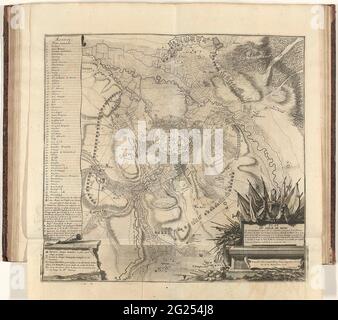 Belagerer von Mons, 1709; Plan du Siege de Mons. Karten und Aufnahme von Mons (Bergen) durch die Alliierten, 25. September - 22. Oktober 1709. Unten rechts auf einer Kartusche mit dem Titel, verziert mit Waffen, Spruchbändern und einigen Körpern feindlicher Soldatenkörper. Links die Erklärung 1-58 und A-I auf Französisch. Teil einer gebündelten Sammlung von Plänen von Schlachten und Städten, die im spanischen Erbfolgekrieg bekannt waren. Stockfoto