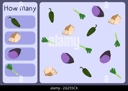 Kids mathematische Mini-Spiel - zählen, wie viele Gemüse - jalapeno, jicama, ube, Lauch. Pädagogische Spiele für Kinder. Cartoon Design Vorlage auf bunten Hintergrund. Vektorgrafik. Stock Vektor