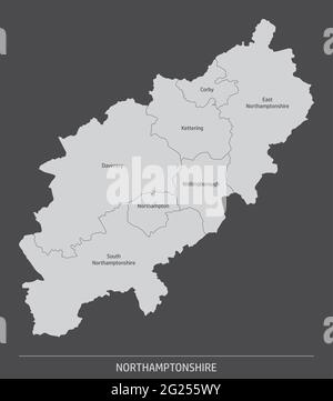 Northamptonshire County Verwaltungskarte isoliert auf dunklem Hintergrund, England Stock Vektor