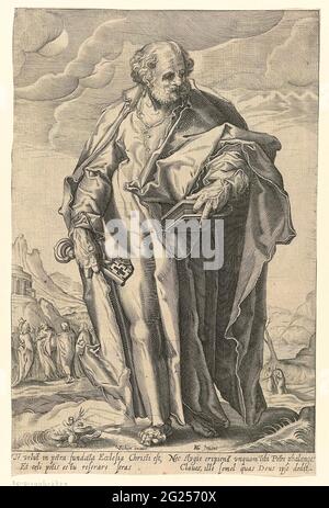 Petrus, Petrus und Paulus. Peter steht in einer bergigen Landschaft mit zwei Schlüsseln in der rechten Hand und einem Buch in der linken Hand. Links im Hintergrund Christus mit seinen Aposteln. Christus zeigt auf ein Gebäude auf einem Felsen. Illustration der Aussage Christi: 'Du bist Petrus, der Fels, wo ich meine Gemeinde bauen werde.' Unter der Show ein vierzeiliger Text in Latein. Stockfoto