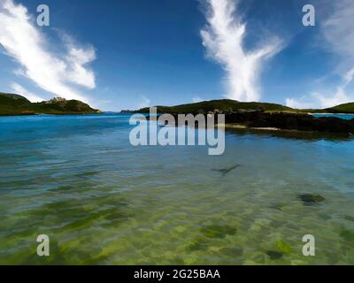 Schöner sonniger Tag und das ruhige Wasser einer Bucht auf der Halbinsel Mizen Head in der Grafschaft Cork, Irland. Stockfoto